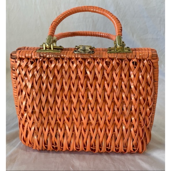 Vintage Handbags - 50’s/60’s Tangerine Woven Plastic Straw Double Top Handle Bag